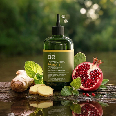 immagine del prodotto dello shampoo idratante ambientato nell'acqua in ambiente naturale con zenzero e melograno 